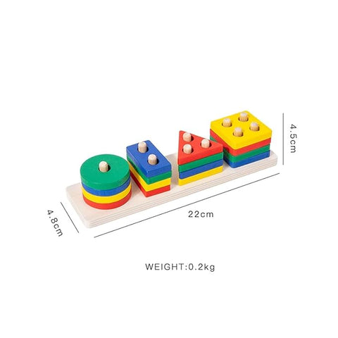 Wooden Shape Sorter Stacking Toy for Toddlers, Multicolour, Geometric Shapes, Montessori, 16 Pieces