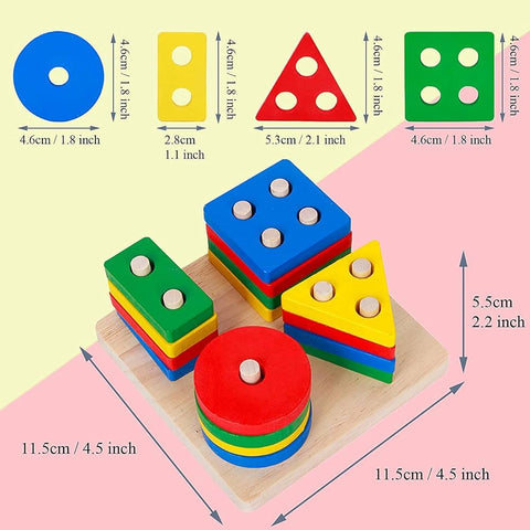 4 Coloumn Wooden Blocks Geometry Shapes Matching
