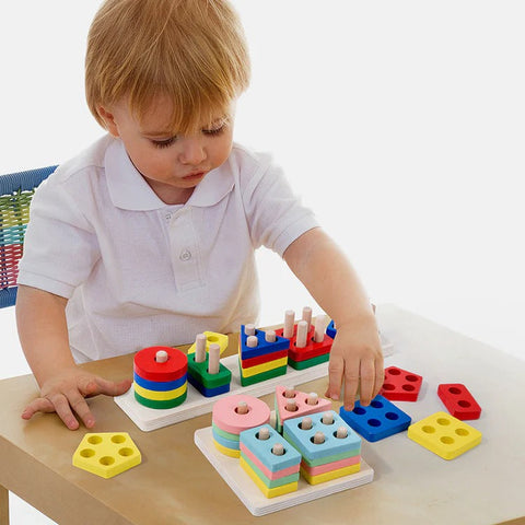 4 Coloumn Wooden Blocks Geometry Shapes Matching